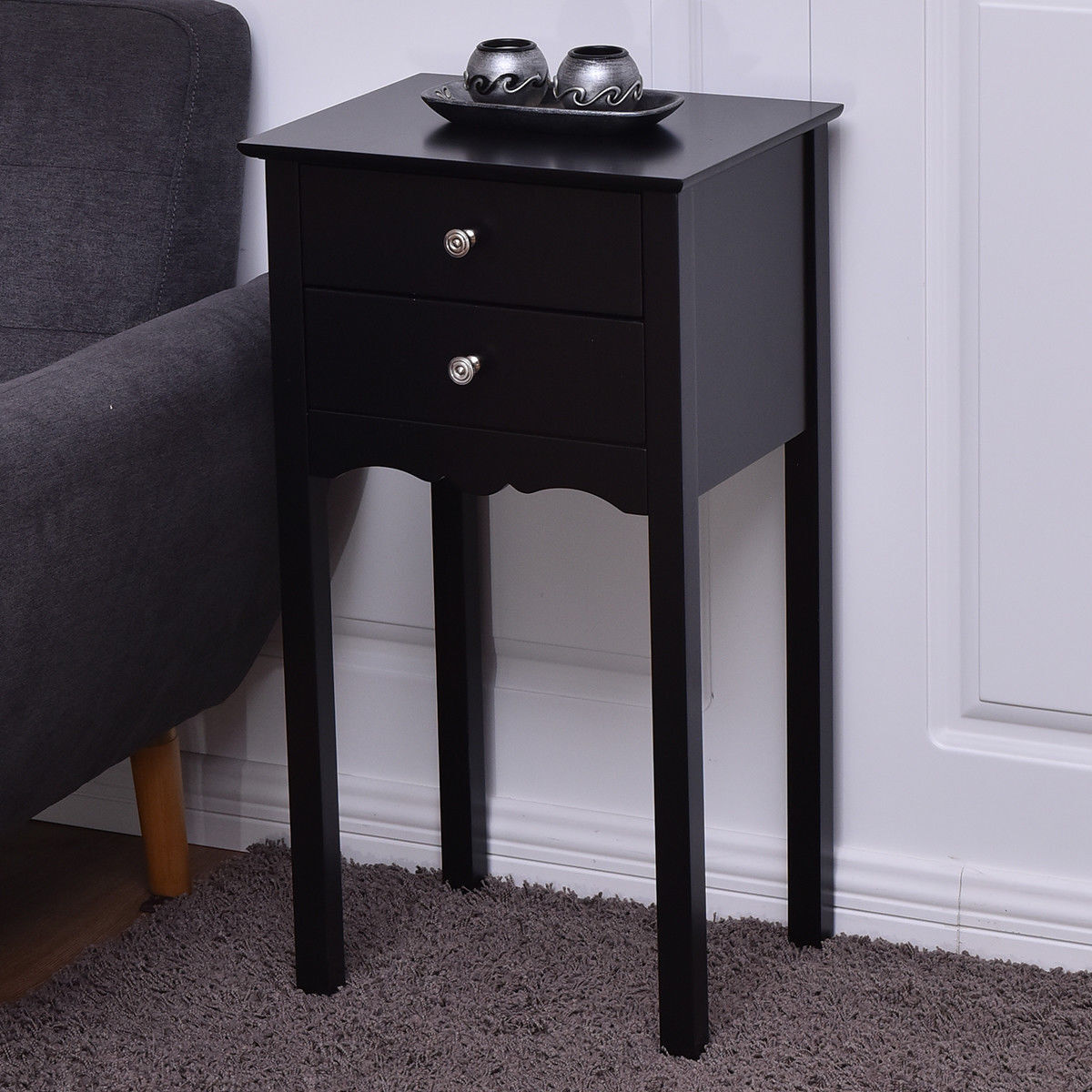 Side Table End Accent Table with 2 Drawers-Black - Color: Black W2B