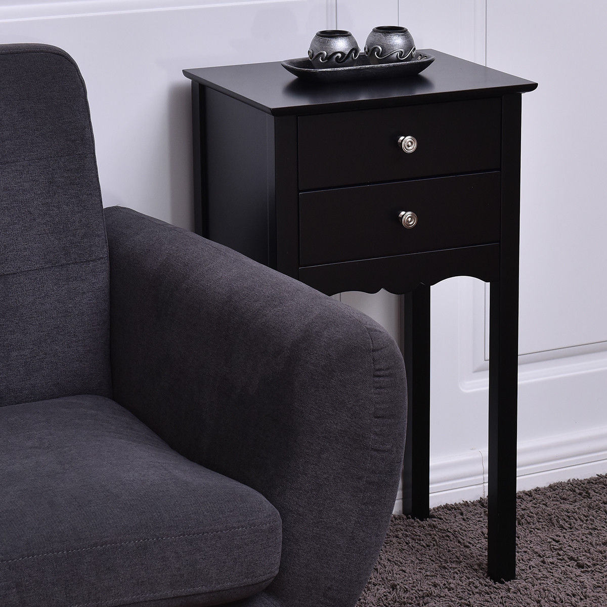 Side Table End Accent Table with 2 Drawers-Black - Color: Black W2B