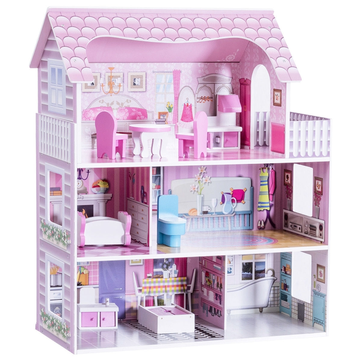28 Inch Pink Dollhouse with Furniture - Color: Pink W2B