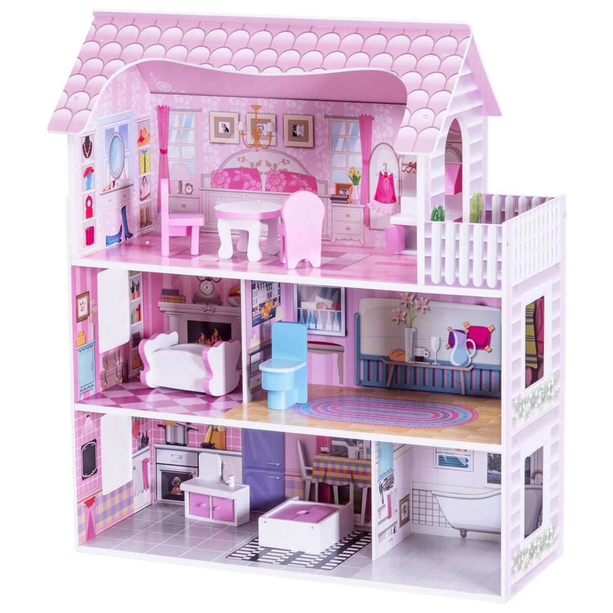 28 Inch Pink Dollhouse with Furniture - Color: Pink W2B