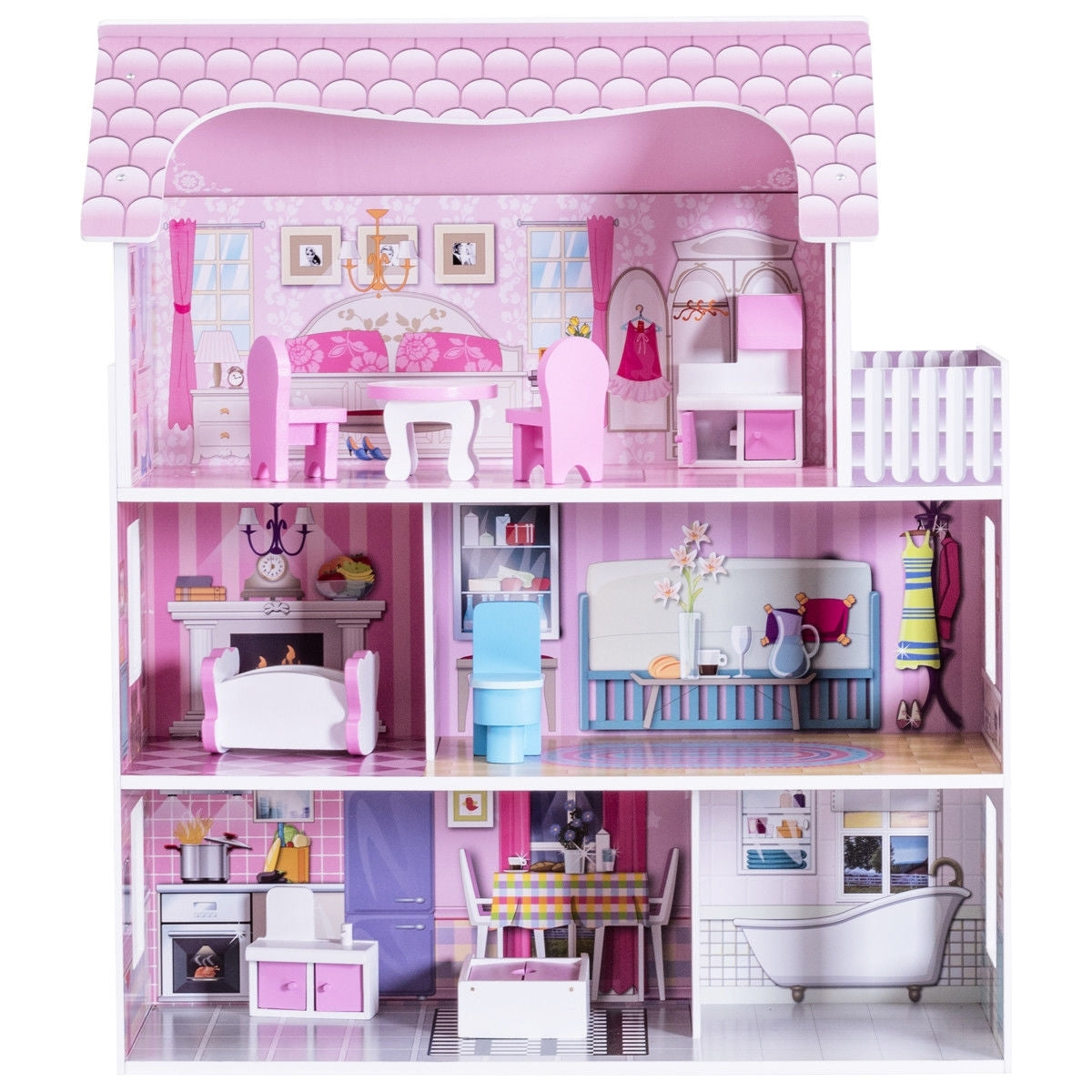 28 Inch Pink Dollhouse with Furniture - Color: Pink W2B