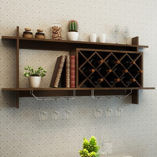 Wall Mount Wine Rack with Glass Holder & Storage Shelf-Walnut - Color: Walnut W2B