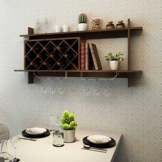 Wall Mount Wine Rack with Glass Holder & Storage Shelf-Walnut - Color: Walnut W2B