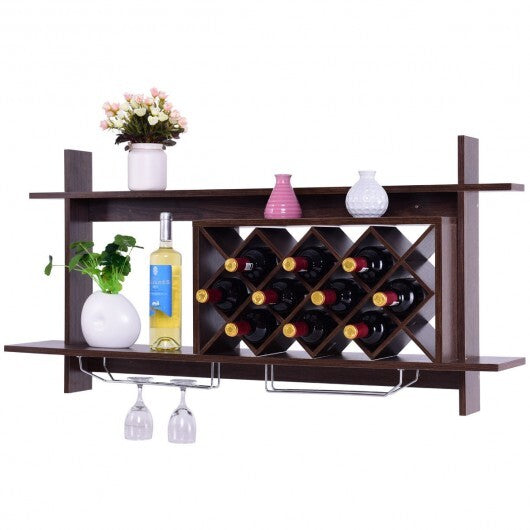 Wall Mount Wine Rack with Glass Holder & Storage Shelf-Walnut - Color: Walnut W2B