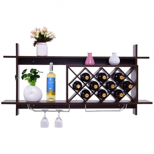 Wall Mount Wine Rack with Glass Holder & Storage Shelf-Walnut - Color: Walnut W2B