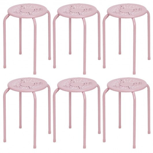 Set of 6 Stackable Multifunctional Daisy Design Backless Round Metal Stool Set-Black W2B