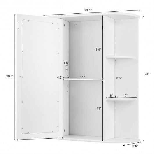 Mirrored Bathroom Medicine Cabinet with Single Mirror Door and Adjustable Shelf-White W2B