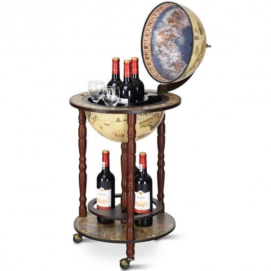 17 Inch Italian Style Design Wooden Globe Liquor Bottle Wine Rack with Wheels W2B