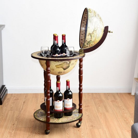 17 Inch Italian Style Design Wooden Globe Liquor Bottle Wine Rack with Wheels W2B
