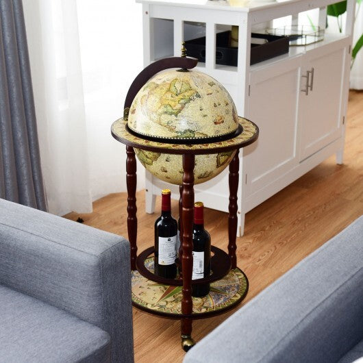 17 Inch Italian Style Design Wooden Globe Liquor Bottle Wine Rack with Wheels W2B
