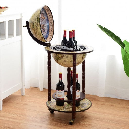 17 Inch Italian Style Design Wooden Globe Liquor Bottle Wine Rack with Wheels W2B