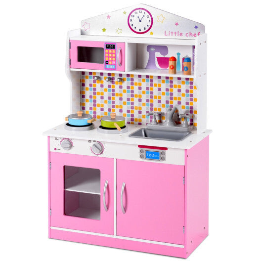 Kids Wooden Pretend Cooking Playset Cookware Play Set Kitchen Toys Toddler Gift-Pink W2B