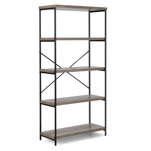 5-Tier Industrial Bookshelf Display Storage Rack with Metal Frame-Gray - Color: Gray W2B