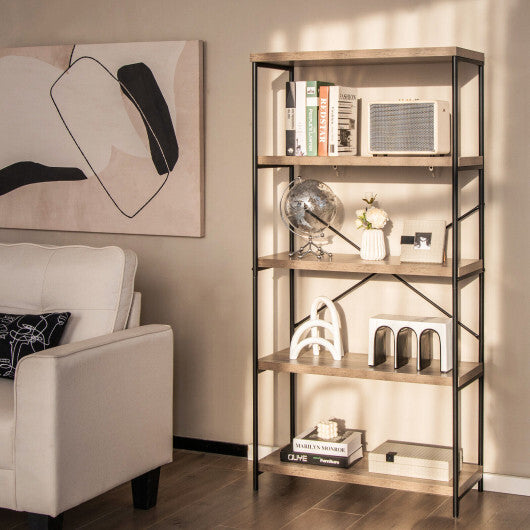 5-Tier Industrial Bookshelf Display Storage Rack with Metal Frame-Gray - Color: Gray W2B
