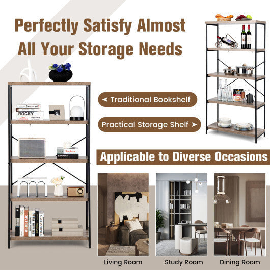 5-Tier Industrial Bookshelf Display Storage Rack with Metal Frame-Gray - Color: Gray W2B