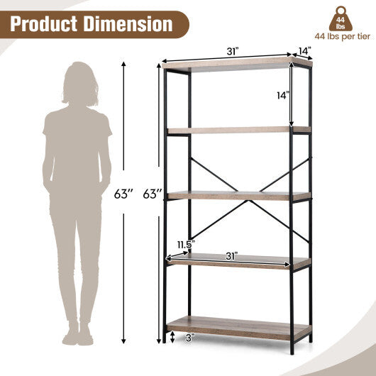 5-Tier Industrial Bookshelf Display Storage Rack with Metal Frame-Gray - Color: Gray W2B