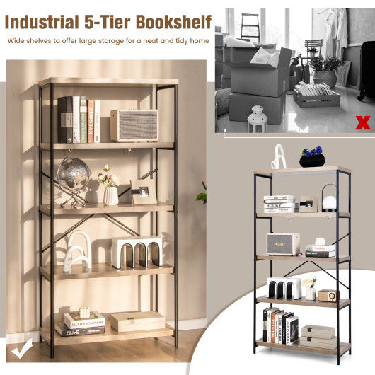 5-Tier Industrial Bookshelf Display Storage Rack with Metal Frame-Gray - Color: Gray W2B