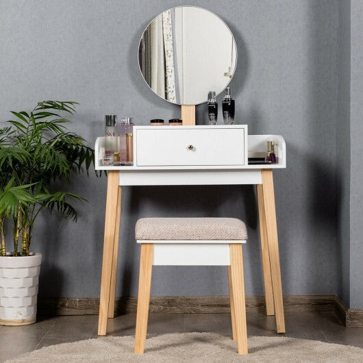 Wooden Makeup Dressing Mirror Table Set with Drawer W2B