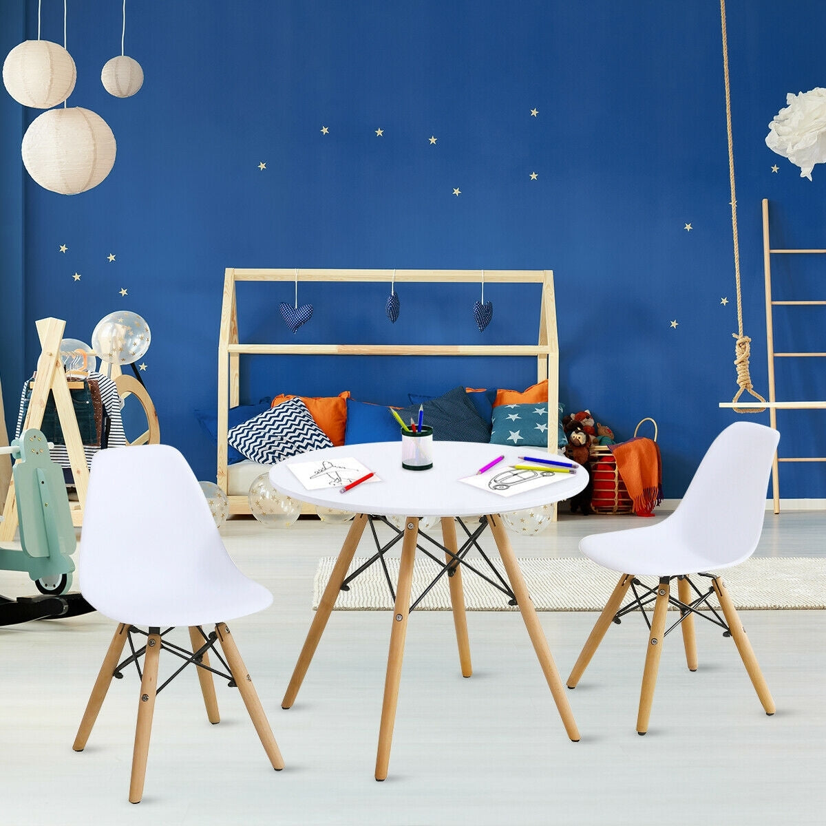 Kid's Modern Dining Table Set with 2 Armless Chairs - Color: White W2B