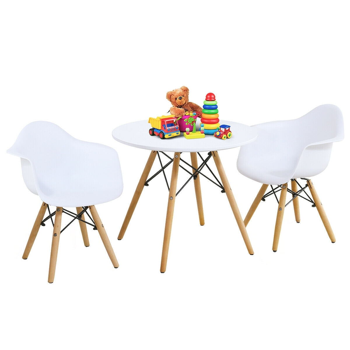 3 Pieces Kid's Modern Round Table Chair Set - Color: White W2B