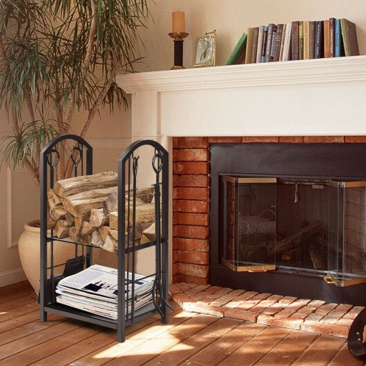 Fireplace Log Rack with 4 Tools Set Fireside Firewood Holder W2B
