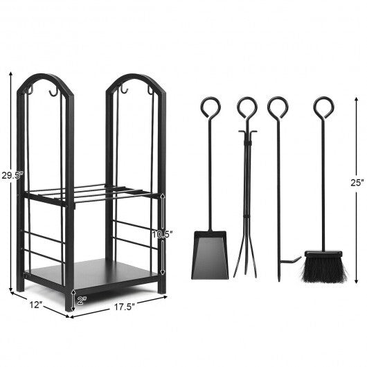 Fireplace Log Rack with 4 Tools Set Fireside Firewood Holder W2B