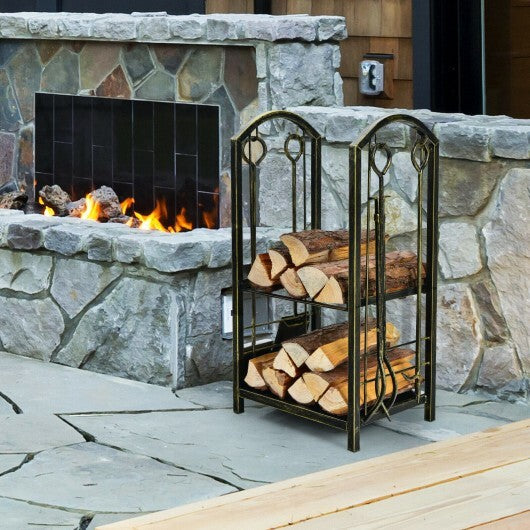 Fireplace Log Rack with 4 Tools Set Fireside Firewood Holder W2B