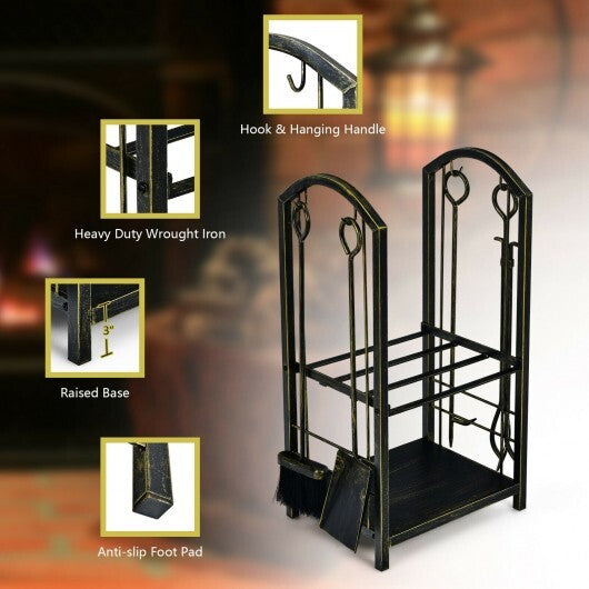 Fireplace Log Rack with 4 Tools Set Fireside Firewood Holder W2B