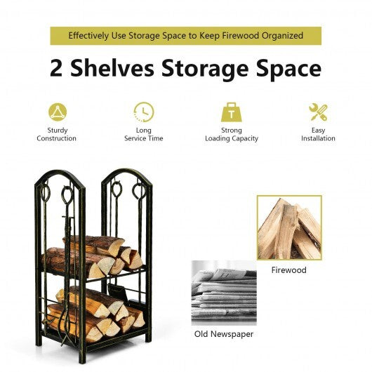 Fireplace Log Rack with 4 Tools Set Fireside Firewood Holder W2B