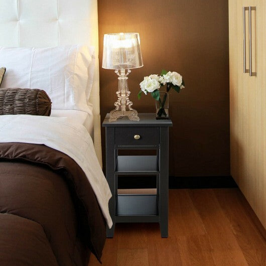 3-Tier Nightstand Bedside Table Sofa Side with Double Shelves Drawer-White W2B