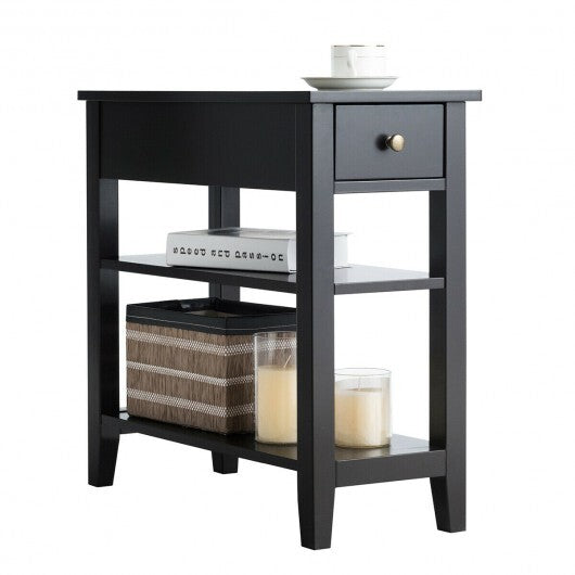 3-Tier Nightstand Bedside Table Sofa Side with Double Shelves Drawer-White W2B