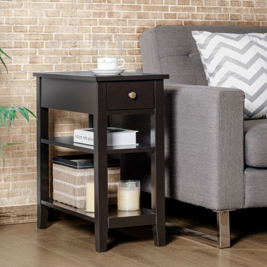 3-Tier Nightstand Bedside Table Sofa Side with Double Shelves Drawer-White W2B