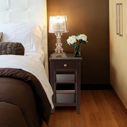 3-Tier Nightstand Bedside Table Sofa Side with Double Shelves Drawer-White W2B