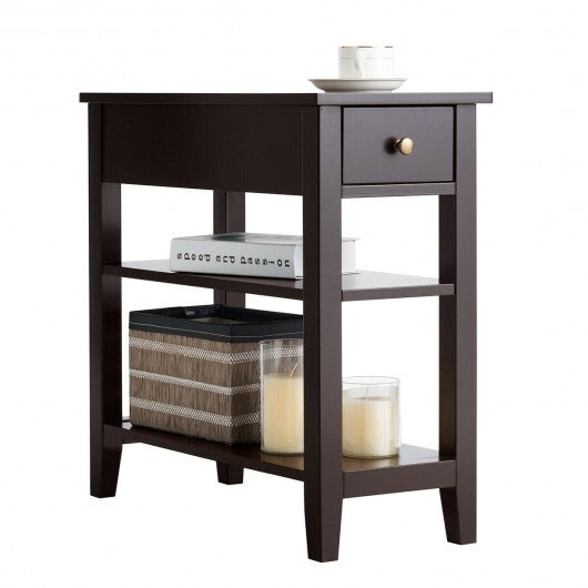 3-Tier Nightstand Bedside Table Sofa Side with Double Shelves Drawer-White W2B