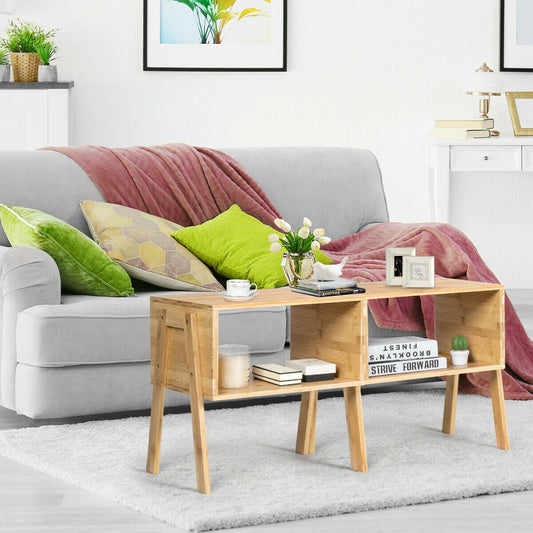 2 Pieces Bamboo Nightstand Sofa Table with Storage Shelf - Color: Natural W2B