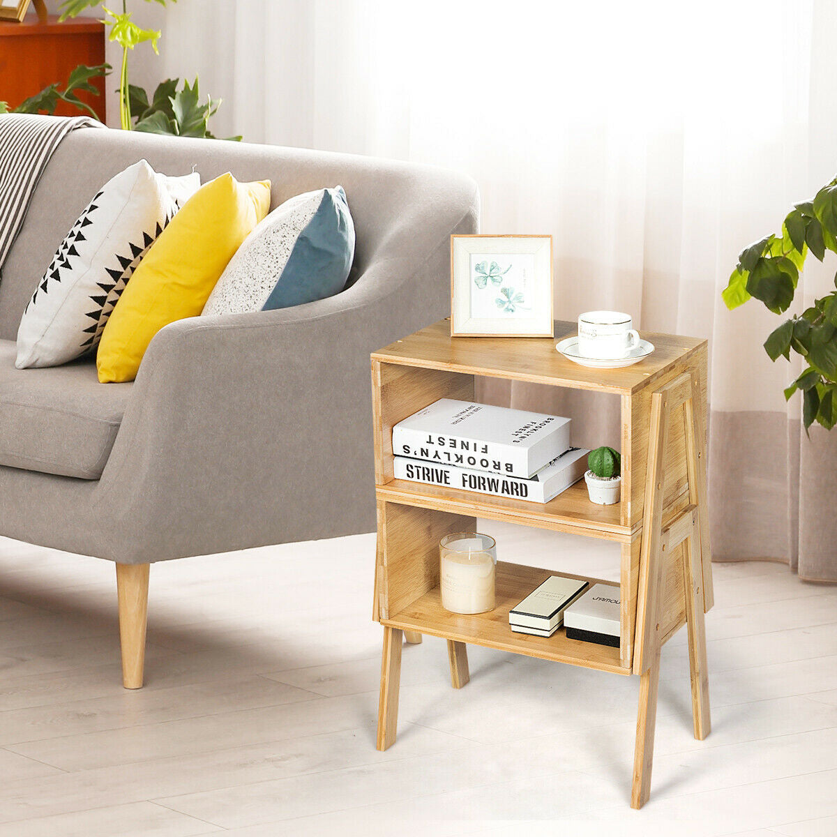 2 Pieces Bamboo Nightstand Sofa Table with Storage Shelf - Color: Natural W2B