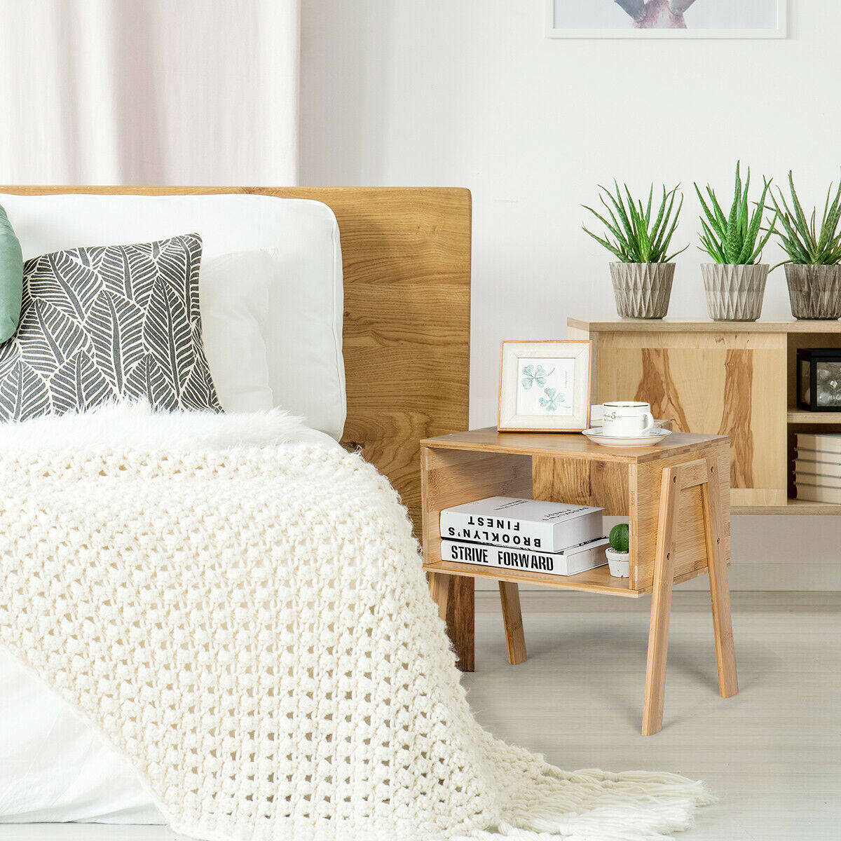 2 Pieces Bamboo Nightstand Sofa Table with Storage Shelf - Color: Natural W2B