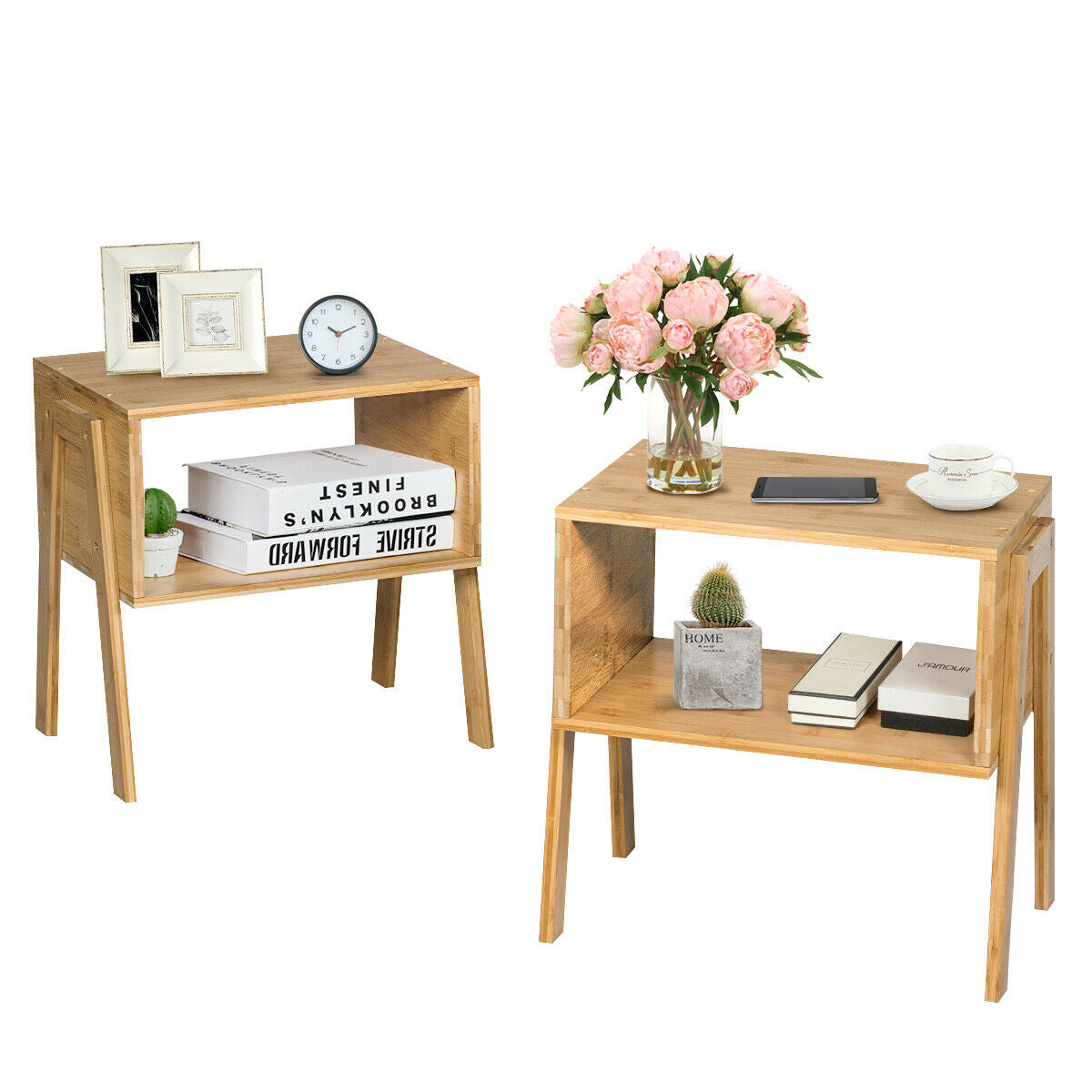 2 Pieces Bamboo Nightstand Sofa Table with Storage Shelf - Color: Natural W2B