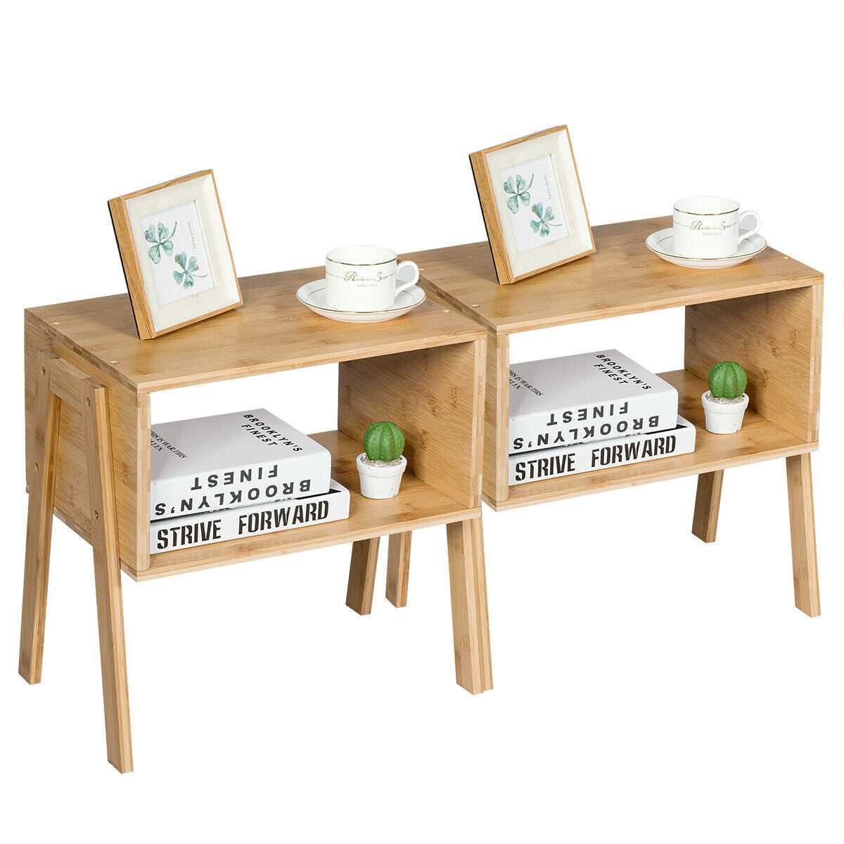 2 Pieces Bamboo Nightstand Sofa Table with Storage Shelf - Color: Natural W2B