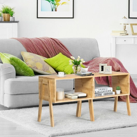2 Pieces Bamboo Nightstand Sofa Table with Storage Shelf W2B