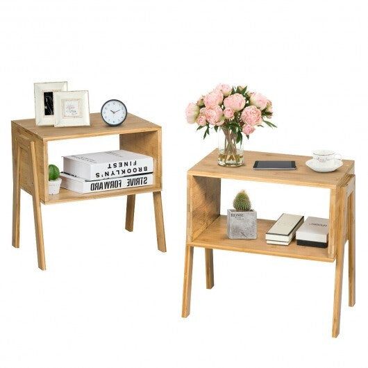 2 Pieces Bamboo Nightstand Sofa Table with Storage Shelf W2B