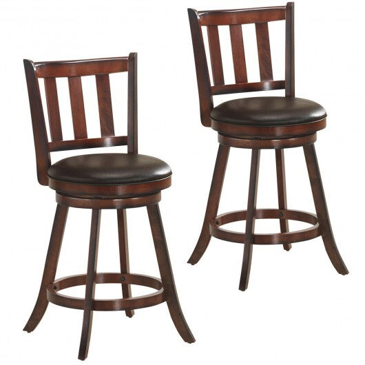 2 Pieces 360 Degree Swivel Wooden Counter Height Bar Stool Set with Cushioned Seat-25 inches W2B
