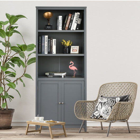 Bookcase Shelving Storage Wooden Cabinet Unit Standing Display Bookcase with Doors-Gray W2B