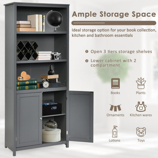 Bookcase Shelving Storage Wooden Cabinet Unit Standing Display Bookcase with Doors-Gray W2B