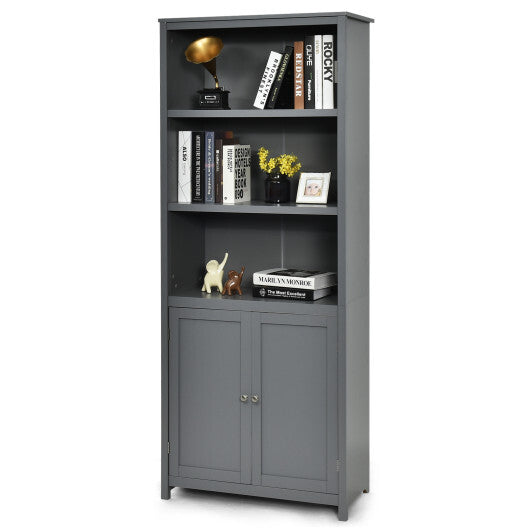Bookcase Shelving Storage Wooden Cabinet Unit Standing Display Bookcase with Doors-Gray W2B