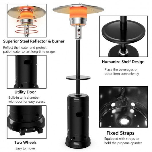 Outdoor Heater Propane Standing LP Gas Steel with Table & Wheels-Gray W2B