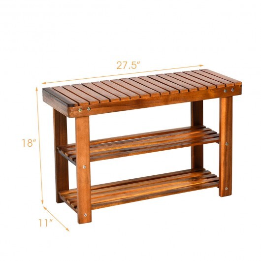 Freestanding Wood Bench with 3-Tier Storage Shelves