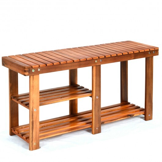 3-Tier Freestanding Wooden Shoe Organizer with Seat - Color: Natural W2B