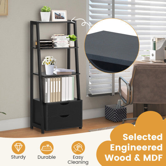 4-Tier Ladder Bookshelf Storage Display with Drawers W2B
