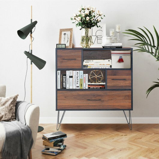 3-Tier Wood Storage Cabinet with Drawers and 4 Metal Legs W2B